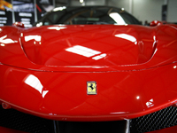 The Ferrari logo is seen during the Tuning Show Expo in Krakow, Poland, on September 8, 2024. (