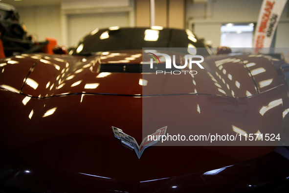 The Chevrolet Corvette logo is seen during the Tuning Show Expo in Krakow, Poland, on September 8, 2024. 