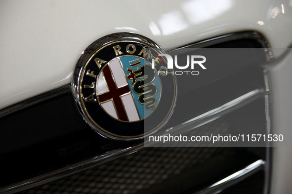 The Alfa Romeo logo is seen during the Tuning Show Expo in Krakow, Poland, on September 8, 2024. 