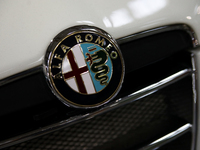 The Alfa Romeo logo is seen during the Tuning Show Expo in Krakow, Poland, on September 8, 2024. (