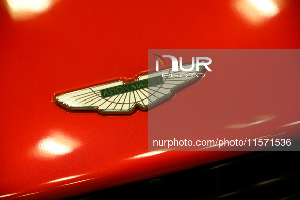 The Aston Martin logo is seen during the Tuning Show Expo in Krakow, Poland, on September 8, 2024. 