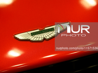 The Aston Martin logo is seen during the Tuning Show Expo in Krakow, Poland, on September 8, 2024. (