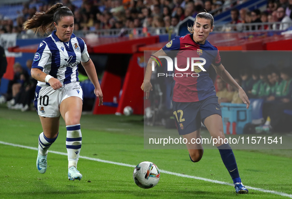 Patri Guijarro and Nerea Eizaguirre play during the match between FC Barcelona Women and Real Sociedad Women, corresponding to week 2 of the...