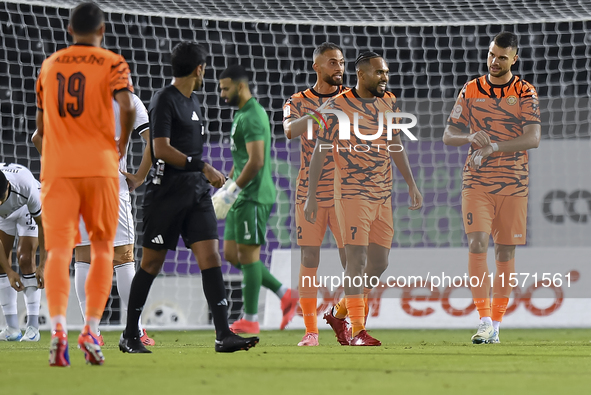 Antonio Mance (R) of Umm Salal SC celebrates after scoring a goal during the Ooredoo Qatar Stars League 24/25 match between Al-Sadd SC and U...