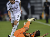 Andres Villa (L) of Al-Sadd SC battles for the ball with Ali Said Al-Muhannadi (R) of Umm Salal SC during the Ooredoo Qatar Stars League 24/...