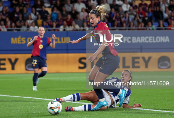 Alexia Putellas and Emma Ramirez play during the match between FC Barcelona Women and Real Sociedad Women, corresponding to week 2 of the Li...