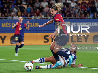 Alexia Putellas and Emma Ramirez play during the match between FC Barcelona Women and Real Sociedad Women, corresponding to week 2 of the Li...