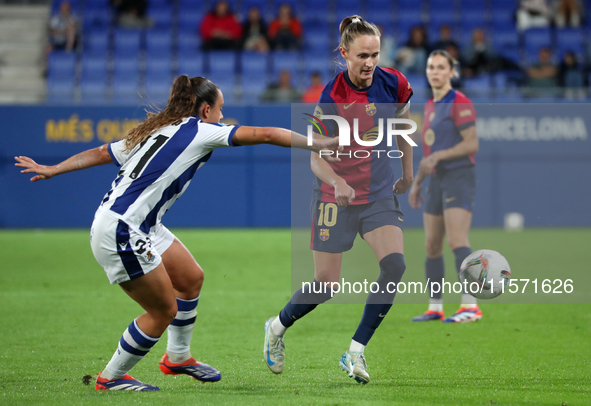 Caroline Graham Hansen and Cecilia Marcos play during the match between FC Barcelona Women and Real Sociedad Women, corresponding to week 2...