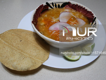 A plate of Pozole is seen on the eve of the national holidays in Mexico City, Mexico, on September 12, 2024. This dish is one of the most re...