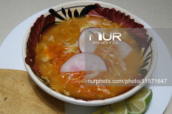 A plate of Pozole is seen on the eve of the national holidays in Mexico City, Mexico, on September 12, 2024. This dish is one of the most re...