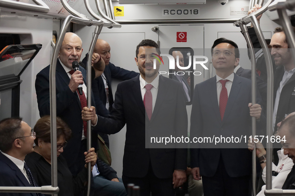 From left to right, Guillermo Calderon, director of the Metro Collective Transport System; Marti Batres, head of the Mexico City government;...