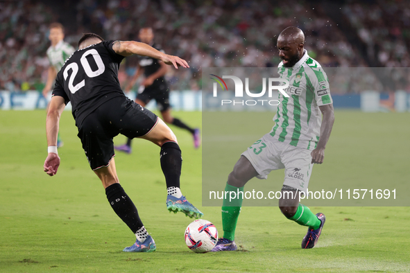 Youssouf Sabaly of Real Betis battles for the ball during the La Liga EA Sports match between Real Betis and CD Leganes at Benito Villamarin...