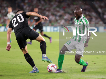 Youssouf Sabaly of Real Betis battles for the ball during the La Liga EA Sports match between Real Betis and CD Leganes at Benito Villamarin...