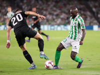 Youssouf Sabaly of Real Betis battles for the ball during the La Liga EA Sports match between Real Betis and CD Leganes at Benito Villamarin...