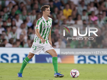 Diego Llorente of Real Betis passes the ball during the La Liga EA Sports match between Real Betis and CD Leganes at Benito Villamarin in Se...