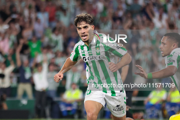 Ez Abde of Real Betis celebrates scoring his team's first goal with his teammates during the La Liga EA Sports match between Real Betis and...