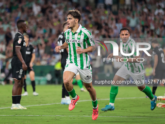 Ez Abde of Real Betis celebrates scoring his team's first goal with his teammates during the La Liga EA Sports match between Real Betis and...