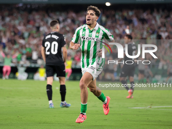 Ez Abde of Real Betis celebrates scoring his team's first goal with his teammates during the La Liga EA Sports match between Real Betis and...