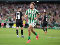 Ez Abde of Real Betis celebrates scoring his team's first goal with his teammates during the La Liga EA Sports match between Real Betis and...