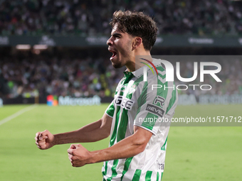 Ez Abde of Real Betis celebrates scoring his team's first goal with his teammates during the La Liga EA Sports match between Real Betis and...