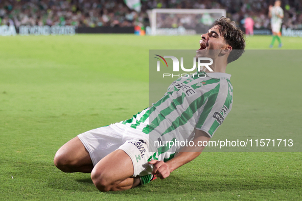 Ez Abde of Real Betis celebrates scoring his team's first goal with his teammates during the La Liga EA Sports match between Real Betis and...