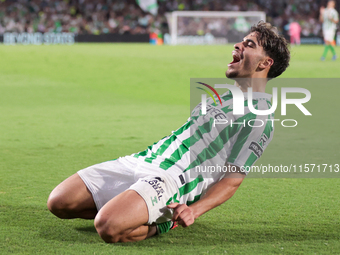 Ez Abde of Real Betis celebrates scoring his team's first goal with his teammates during the La Liga EA Sports match between Real Betis and...