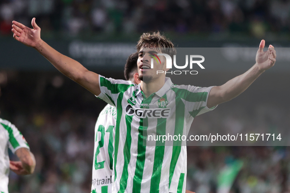 Ez Abde of Real Betis celebrates scoring his team's first goal with his teammates during the La Liga EA Sports match between Real Betis and...