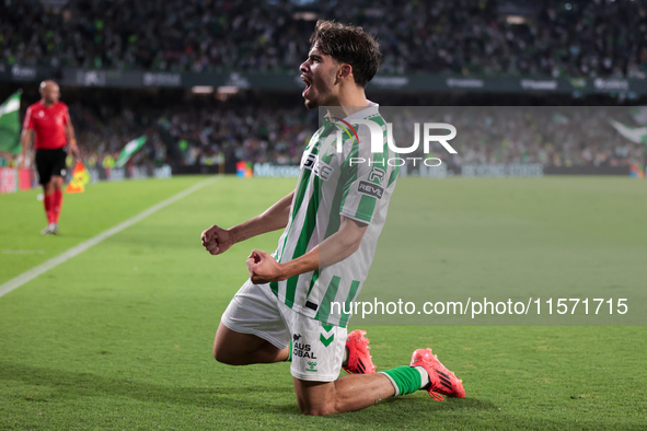 Ez Abde of Real Betis celebrates scoring his team's first goal with his teammates during the La Liga EA Sports match between Real Betis and...