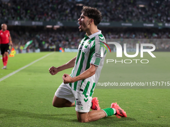 Ez Abde of Real Betis celebrates scoring his team's first goal with his teammates during the La Liga EA Sports match between Real Betis and...