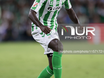 Youssouf Sabaly of Real Betis controls the ball during the La Liga EA Sports match between Real Betis and CD Leganes at Benito Villamarin in...