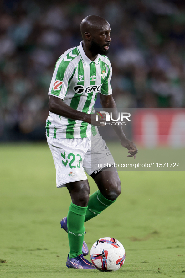 Youssouf Sabaly of Real Betis runs with the ball during the La Liga EA Sports match between Real Betis and CD Leganes at Benito Villamarin i...