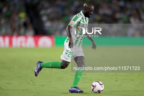 Youssouf Sabaly of Real Betis passes the ball during the La Liga EA Sports match between Real Betis and CD Leganes at Benito Villamarin in S...