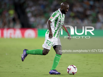 Youssouf Sabaly of Real Betis passes the ball during the La Liga EA Sports match between Real Betis and CD Leganes at Benito Villamarin in S...