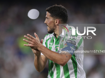 Pablo Fornals of Real Betis shows appreciation to fans during the La Liga EA Sports match between Real Betis and CD Leganes at Benito Villam...