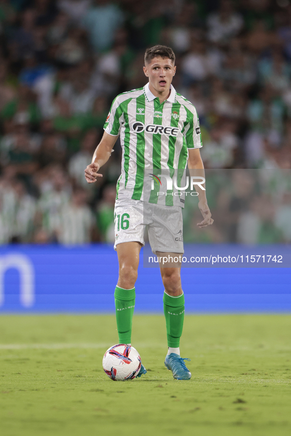 Sergi Altimira of Real Betis runs with the ball during the La Liga EA Sports match between Real Betis and CD Leganes at Benito Villamarin in...