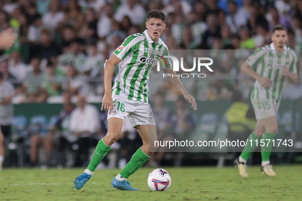 Sergi Altimira of Real Betis runs with the ball during the La Liga EA Sports match between Real Betis and CD Leganes at Benito Villamarin in...