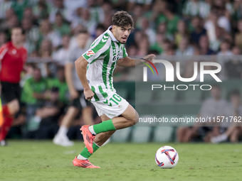 Ez Abde of Real Betis runs with the ball during the La Liga EA Sports match between Real Betis and CD Leganes at Benito Villamarin in Sevill...