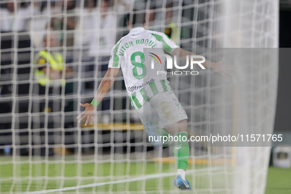 Vitor Roque of Real Betis celebrates a goal during the La Liga EA Sports match between Real Betis and CD Leganes at Benito Villamarin in Sev...