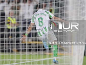 Vitor Roque of Real Betis celebrates a goal during the La Liga EA Sports match between Real Betis and CD Leganes at Benito Villamarin in Sev...