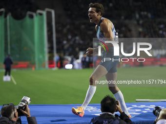 Armand Duplantis of Sweden reacts as he competes in the Men's Pole Vault during the Wanda Diamond League 2024 final event, an athletics meet...