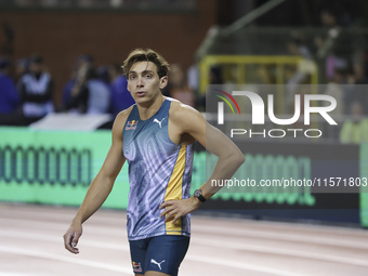 Armand Duplantis of Sweden competes in the Men's Pole Vault during the Wanda Diamond League 2024 final event, an athletics meeting. Armand G...