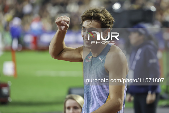 Armand Duplantis of Sweden reacts and celebrates as he competes in the Men's Pole Vault during the Wanda Diamond League 2024 final event, an...