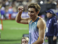 Armand Duplantis of Sweden reacts and celebrates as he competes in the Men's Pole Vault during the Wanda Diamond League 2024 final event, an...