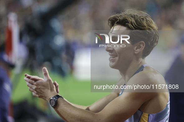 Armand Duplantis of Sweden reacts and celebrates as he competes in the Men's Pole Vault during the Wanda Diamond League 2024 final event, an...