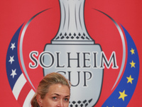 GAINESVILLE, VIRGINIA - SEPTEMBER 13: Captain Suzann Pettersen of of Team Europe speaks to the media during Day One of the Solheim Cup at Ro...