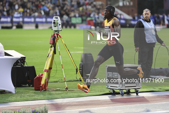 Tajay Gayle of Jamaica competes in Men's Long Jump during the Wanda Diamond League 2024 final event, an athletics meeting. The Jamaican long...