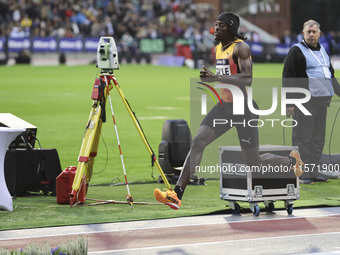 Tajay Gayle of Jamaica competes in Men's Long Jump during the Wanda Diamond League 2024 final event, an athletics meeting. The Jamaican long...