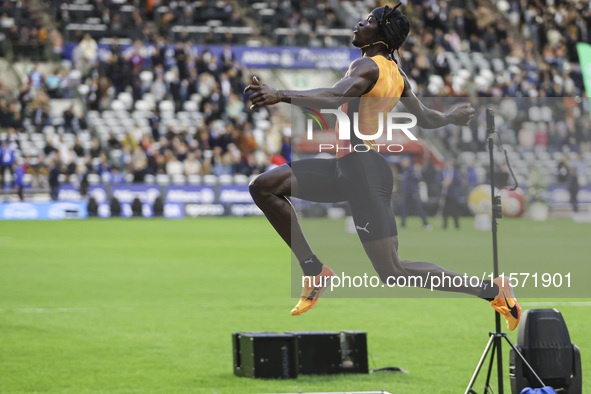 Tajay Gayle of Jamaica competes in Men's Long Jump during the Wanda Diamond League 2024 final event, an athletics meeting. The Jamaican long...