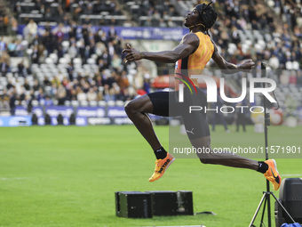 Tajay Gayle of Jamaica competes in Men's Long Jump during the Wanda Diamond League 2024 final event, an athletics meeting. The Jamaican long...