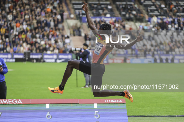 Tajay Gayle of Jamaica competes in Men's Long Jump during the Wanda Diamond League 2024 final event, an athletics meeting. The Jamaican long...